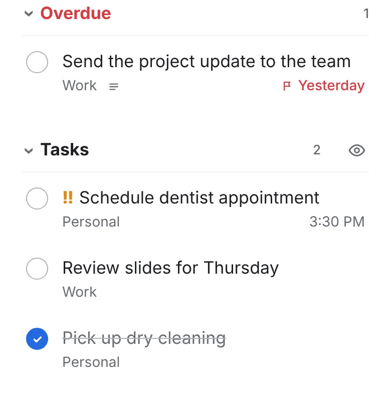 Overdue and tasks on the Today page