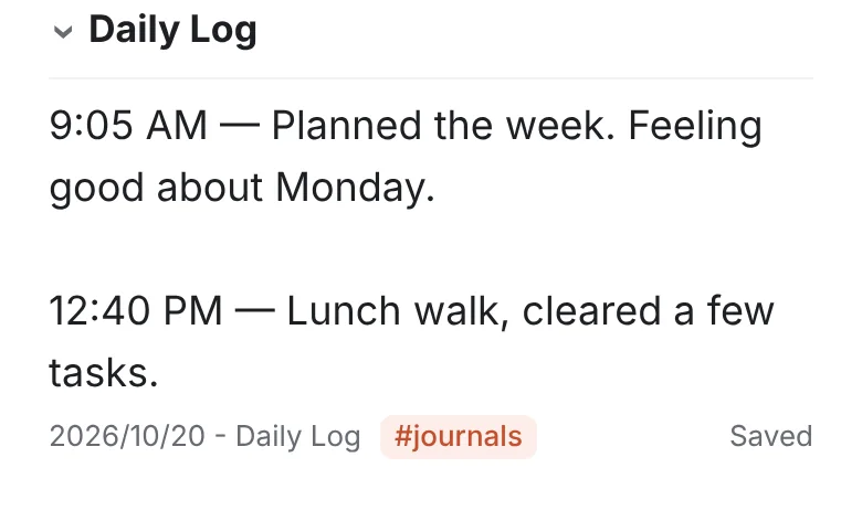 Daily log on the Today page